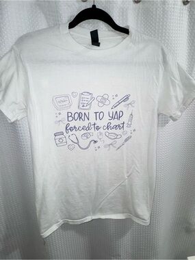 Gildan White Tee with Lavender Graphic "Born to Yap Forced to Chart"